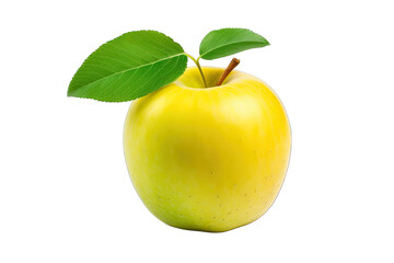 Beautiful Fresh Yellow Apple With Green Leaf On Transparent Background
