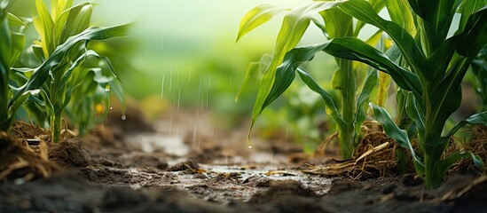 corn plants on a field flooded damage after heavy rain. Copy space image. Place for adding text