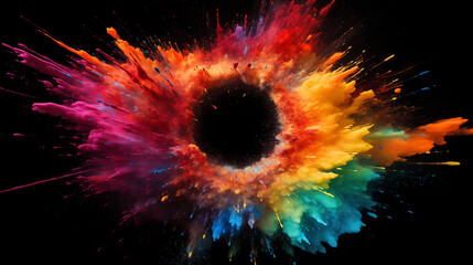 Farbexplosion entlang eines Kreises auf schwarzem Hintergrund - obrazy, fototapety, plakaty