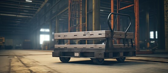 A hand lifting cart which is using for lifting and relocate a small heavy object in the factory Close up and selective focus at handling part Industrial lifting equipment object photo