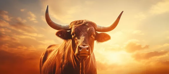Fototapeten A red haired cow is turned sideways to the camera and laughs A red horned animal poses for the camera on a pasture Domestic cattle under the open sky in the rays of the setting sun. Copy space image © Ilgun