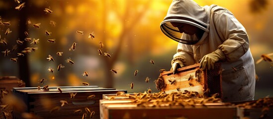 A beekeeper in a protective suit and gloves carefully inspecting a beehive for predators ensuring the safety of the hive s inhabitants. Copy space image. Place for adding text