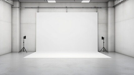 Blank white studio. White background studio. Generative AI.
