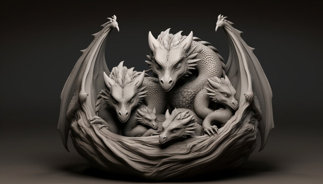 Design a 3D model of a dragon family nestled together in a cozy nest. Each dragon can have unique features, and the overall sculpture