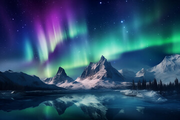 Green and purple aurora borealis over snowy mountains. Northern lights - obrazy, fototapety, plakaty