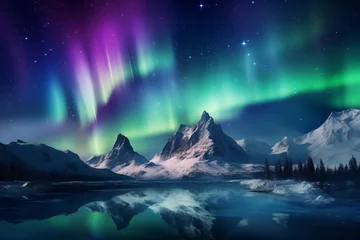 Fotobehang Green and purple aurora borealis over snowy mountains. Northern lights © FawziaEssa