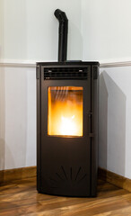 Vertical photo of a pellet stove inside a living room of a house. Renewable energy source.biomass...