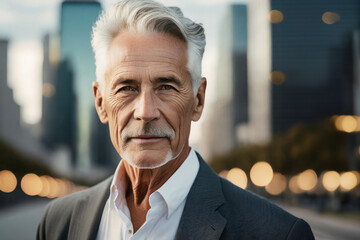 A man of about 65 years old, elegant and attractive, staring at the camera in a business area. He transmits serenity, confidence, tranquility. - obrazy, fototapety, plakaty