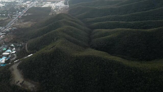 Aerial view of the lush mountains surrounding Monterrey, Mexico.