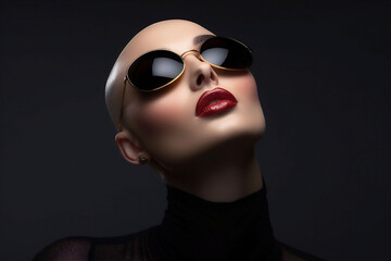 A hairless woman in a black shirt her eyes closed after chemotherapy with red lips and sunglasses. A bald close up model. World cancer day. Dark background. Copy space.