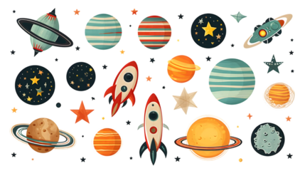 Retro Space Sticker Set 3d rendering isolated on white background. Generative AI.