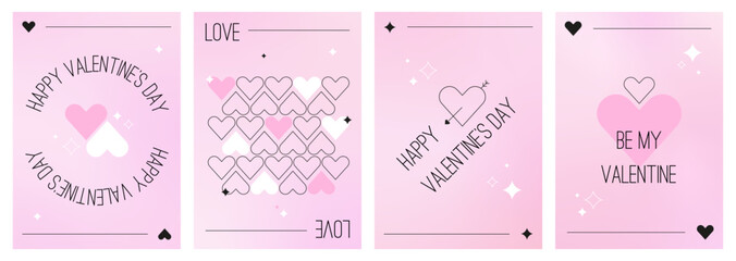 Y2k Valentine's Day designs. Playing cards with linear hearts, stars and text. Minimalist romantic holiday banners set on pink gradient background. Trendy vector illustration with geometric shapes.