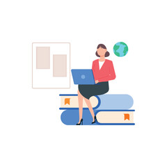 Man and woman studying  on books with laptop computers learning and educating themselves. Flat design vector illustration