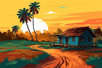 little mud house at sunset with palm trees illustration