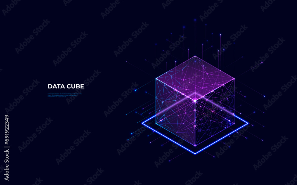 Poster Abstract digital data cube in technology futuristic wireframe style. Isometric polygonal 3D box in light blue and purple on dark background. Blockchain, Big Data and Artificial Intelligence concepts. 