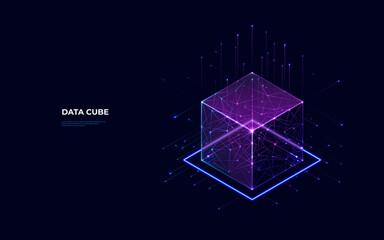 Abstract digital data cube in technology futuristic wireframe style. Isometric polygonal 3D box in light blue and purple on dark background. Blockchain, Big Data and Artificial Intelligence concepts.  - obrazy, fototapety, plakaty