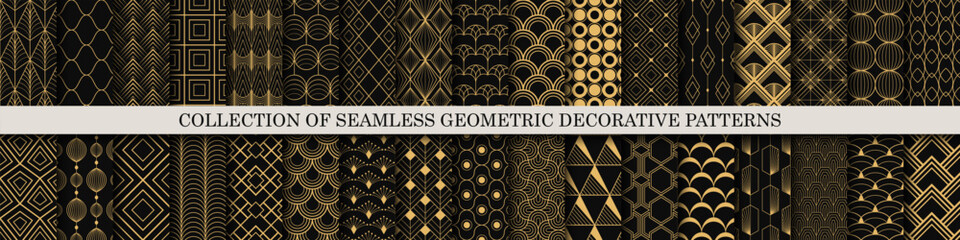 Collection of seamless ornamental luxury dark gold patterns - geometric vintage design. Repeatable elegant rich backgrounds. Symmetry endless prints