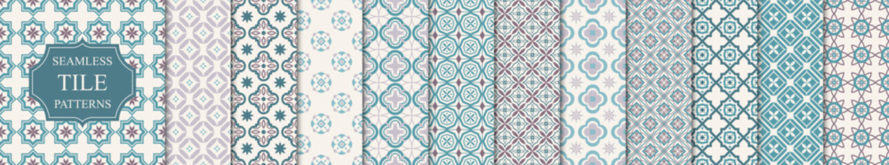 Collection of seamless ornamental geometric tile mosaic patterns. Elegant color oriental repeatable backgrounds, symmetric textures. Decorative endless prints