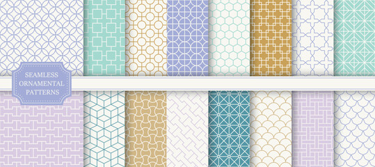 Collection of seamless ornamental vector patterns. Color oriental vintage backgrounds. Geometric tile mosaic design. Grid texture - textile prints