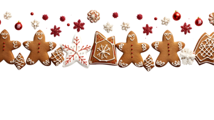 seamless christmas border with gingerbread cookies isolated on white background. Generative AI.