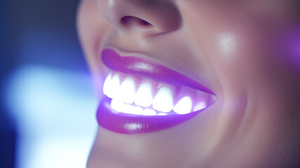 Closeup photo of special UV light lamp for teeth whitening in patients mouth.

