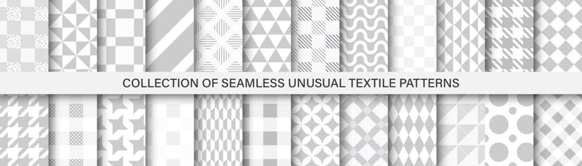 Collection of grey textile seamless patterns - geometric delicate design. Vector repeatable cloth backgrounds. Monochrome endless prints - obrazy, fototapety, plakaty