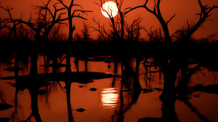 Sunset at a haunted forest wetlands
