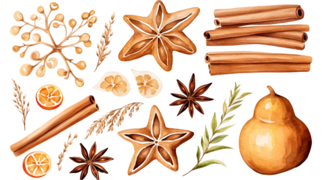 set of christmas spices and ginger bread watercolor vector illustration isolated on white background. Generative AI.