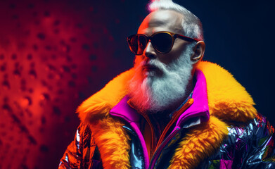 Portrait of fashionable mature model in colorful funky jacket.