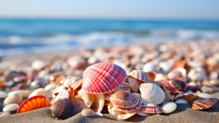 Colorful seashells on the beach at sunset