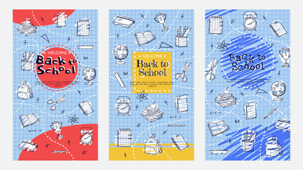 Back to school vector banners. Background design with education accessories element. Kids hand drawn design for poster , wallpaper, website and cover template.	

