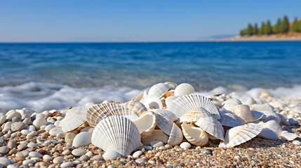 Seashells on a pebble beach with waves