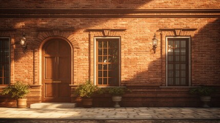 the golden hour sunlight bathes a brick facade, accentuating the texture and depth of the bricks, 