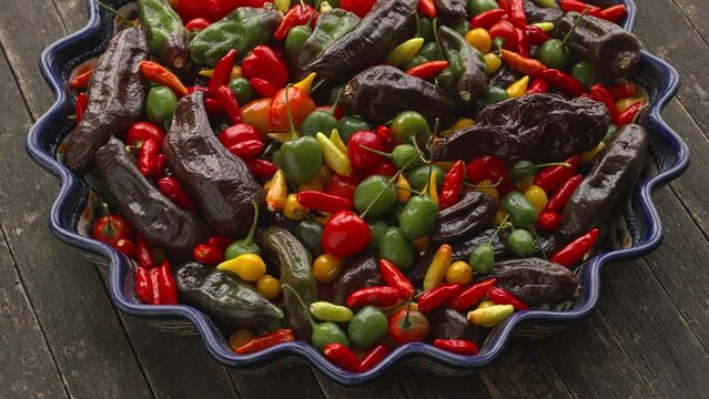 Top view of different types of chilies - Brazilian Biquinho Yellow, ripe and unripe Brazilian Red Olive, Peruvian Machu Picchu, and Tabasco on a plate. Table spin.