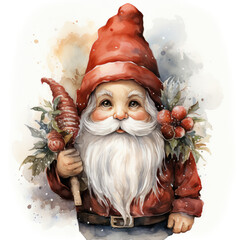 Illustration of a cute watercolor Christmas gnome in a red cap, on a white background - obrazy, fototapety, plakaty