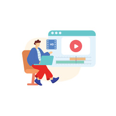 Video Editing & production vector illustration. film editing monitor, clap board, film strip, camera, video player interface