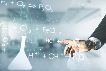 Double exposure of male hand presses on abstract virtual chemistry hologram on blurred office background, research and development concept
