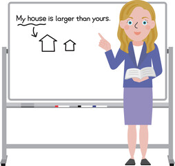 灰色フレームの移動式ホワイトボードの前に立って説明をしている欧米人女性