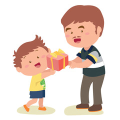 Clipart of a son gives a gift box to father isolated on white background for greeting card, sticker, printing textile, etc. Happy Father’s Day. Vector file