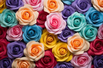 Many colorful roses are located on the left and 2/3 of the free space on the right on a light background