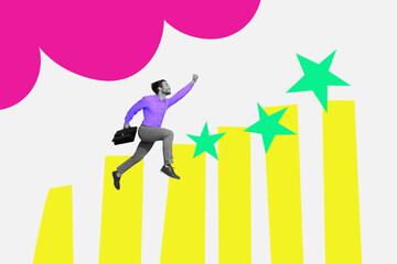 Creative poster banner picture running young man worker business employee hold suitcase go graphic columns upwards success promotion