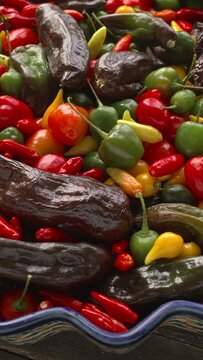 Mix of different types of chilies - Brazilian Biquinho Yellow, ripe and unripe Brazilian Red Olive, Peruvian Machu Picchu, and Tabasco on a plate. Table spin. Vertical video.
