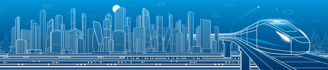 Train rides. Outline modern town illustration. Railroad bridge. Urban city complex. Business center. Cityscape pamorama. White line on blue background. Vector design art
