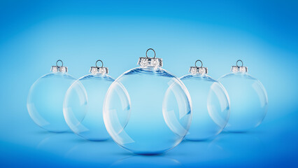 Five transparent Christmas balls on a blue background.