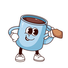 Groovy tea cup cartoon character with tea bag. Funny blue mug holding teabag of hot morning drink, retro cartoon glass teacup mascot with happy smile on face, sticker of 70s 80s vector illustration