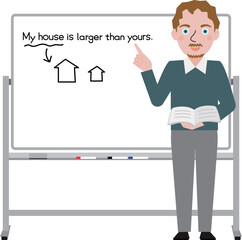 灰色フレームの移動式ホワイトボードの前に立って説明をしている欧米人男性