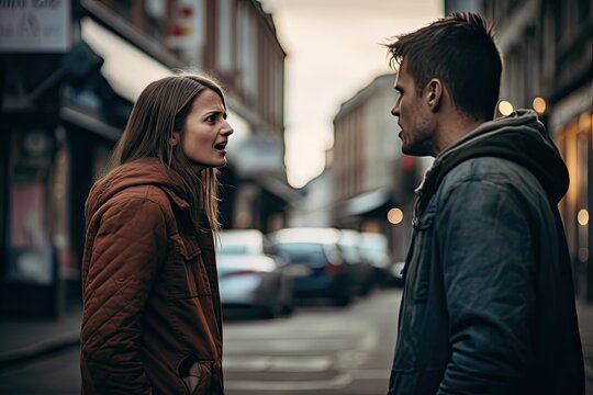 couple - man and a woman arguing/ shouting at each other in the street