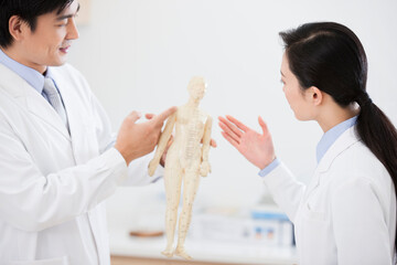 Doctors studying anatomical model