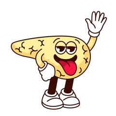 Groovy pancreas cartoon character with sticking tongue. Funny human organ with crazy face standing and waving, cartoon pancreas mascot, funky endocrine gland sticker of 70s 80s vector illustration