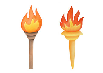 clipart watercolor olympic torches,flames set on transparent background. closing,opening ceremony of 2024 Olympic Games in Paris France. international sports competitions winner, award victory. cutout